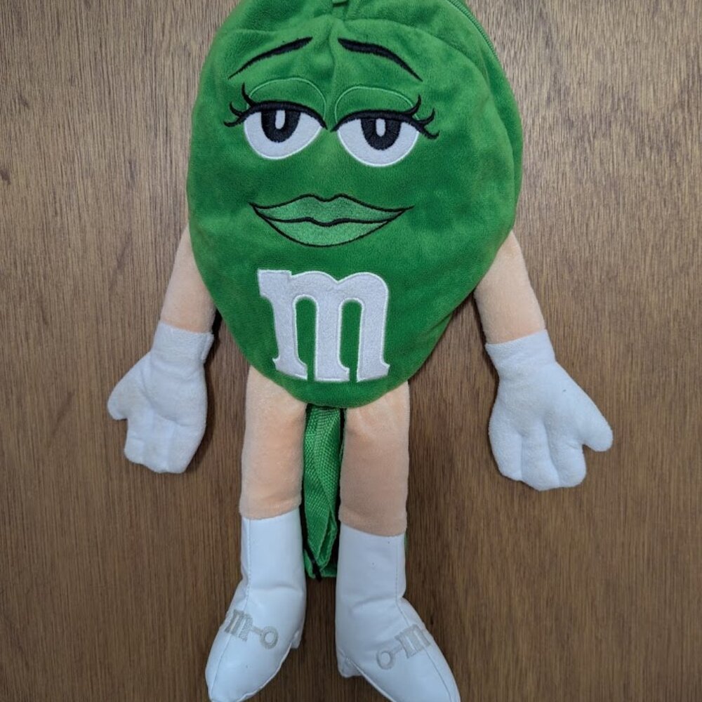 Green M&M's Girl BackPack Plush Bag Purse With White Boots MnM Candy Chocolate